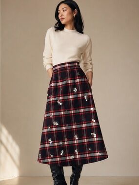 Anthropologie Maeve Plaid Tartan Midi Skirt 3D Floral Embellished Size 2